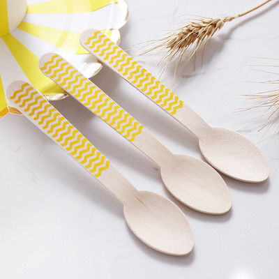 Yellow  Striped Wooden Cutlery Party Picnic Spoon Fork Knife Utensils Set