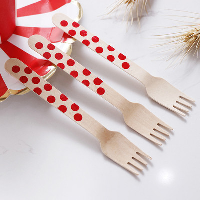 Eco Friendly 160MM  Red Dots Wooden Cutlery Knife Fork Spoon Uensils Set