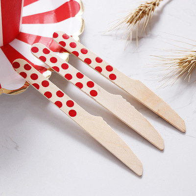 Eco Friendly 160MM  Red Dots Wooden Cutlery Knife Fork Spoon Uensils Set