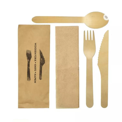 160 mm 100% disposable  wooden knife fork spoon brown napkin pepper wrapped individually can be customized logo
