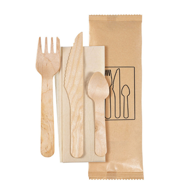 160 mm 100% disposable  wooden knife fork spoon brown napkin pepper wrapped individually can be customized logo