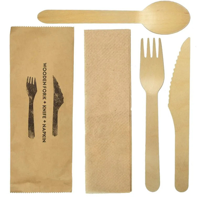 160 mm 100% biodegradable disposable natural wooden knife fork spoon napkin pepper with salt set for home and kitchen