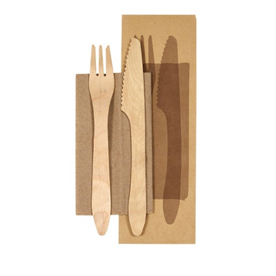 190Mm Disposable Biodegradable Wooden Knife Fork Napkin Cutlery Set Kraft Paper Wrapped For Hotel