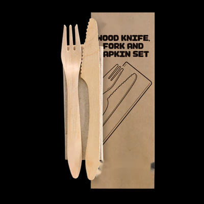 190Mm Disposable Biodegradable Wooden Knife Fork Napkin Cutlery Set Kraft Paper Wrapped For Hotel